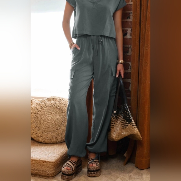 #631 🛑45 M Boho Fabulous High Waist Drawstring Cargo Pants - Picture 2 of 13